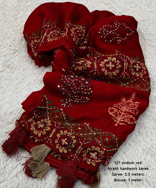 Hand Kantha Work & Sequins Outing Ajrakh Hand Block Pure Chanderi Cotton Saree With Blouse