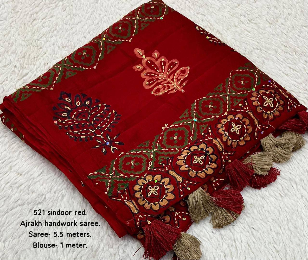 Hand Kantha Work & Sequins Outing Ajrakh Hand Block Pure Chanderi Cotton Saree With Blouse