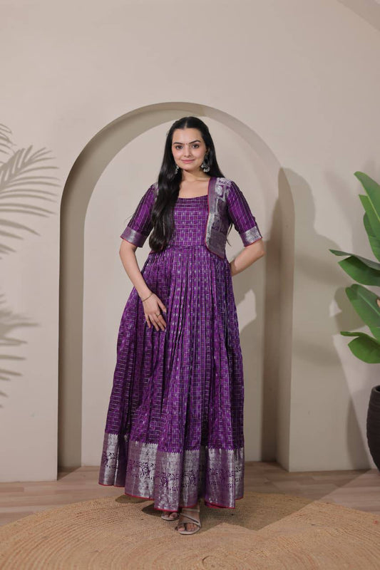 Elegant Zari Daaman & Jacket Look Weaving Soft Silk Gown