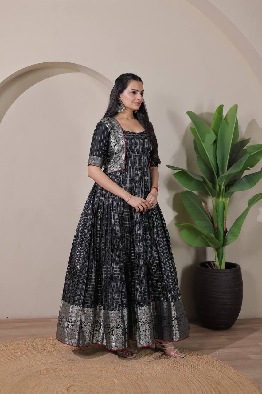 Elegant Zari Daaman & Jacket Look Weaving Soft Silk Gown