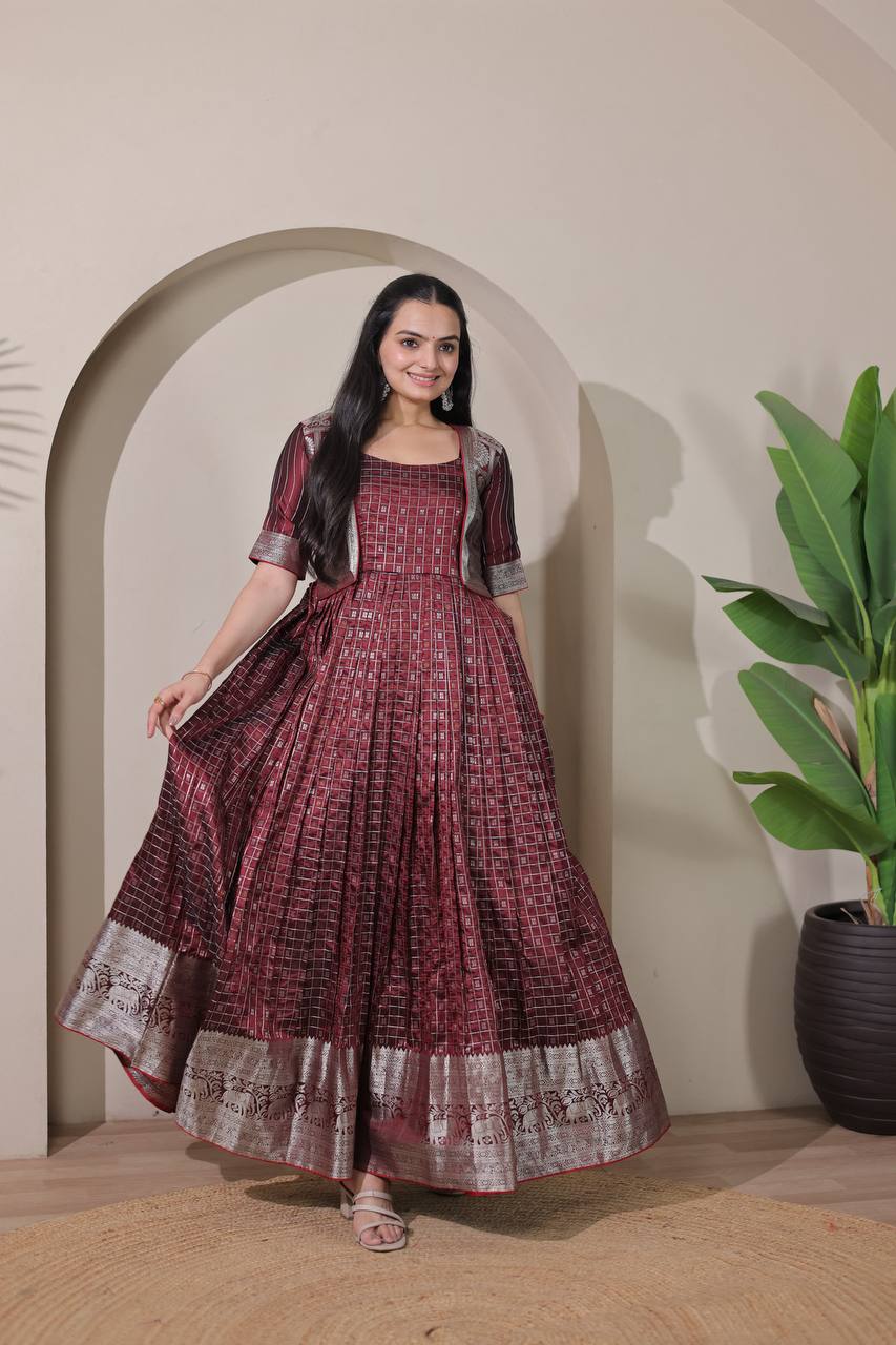 Elegant Zari Daaman & Jacket Look Weaving Soft Silk Gown