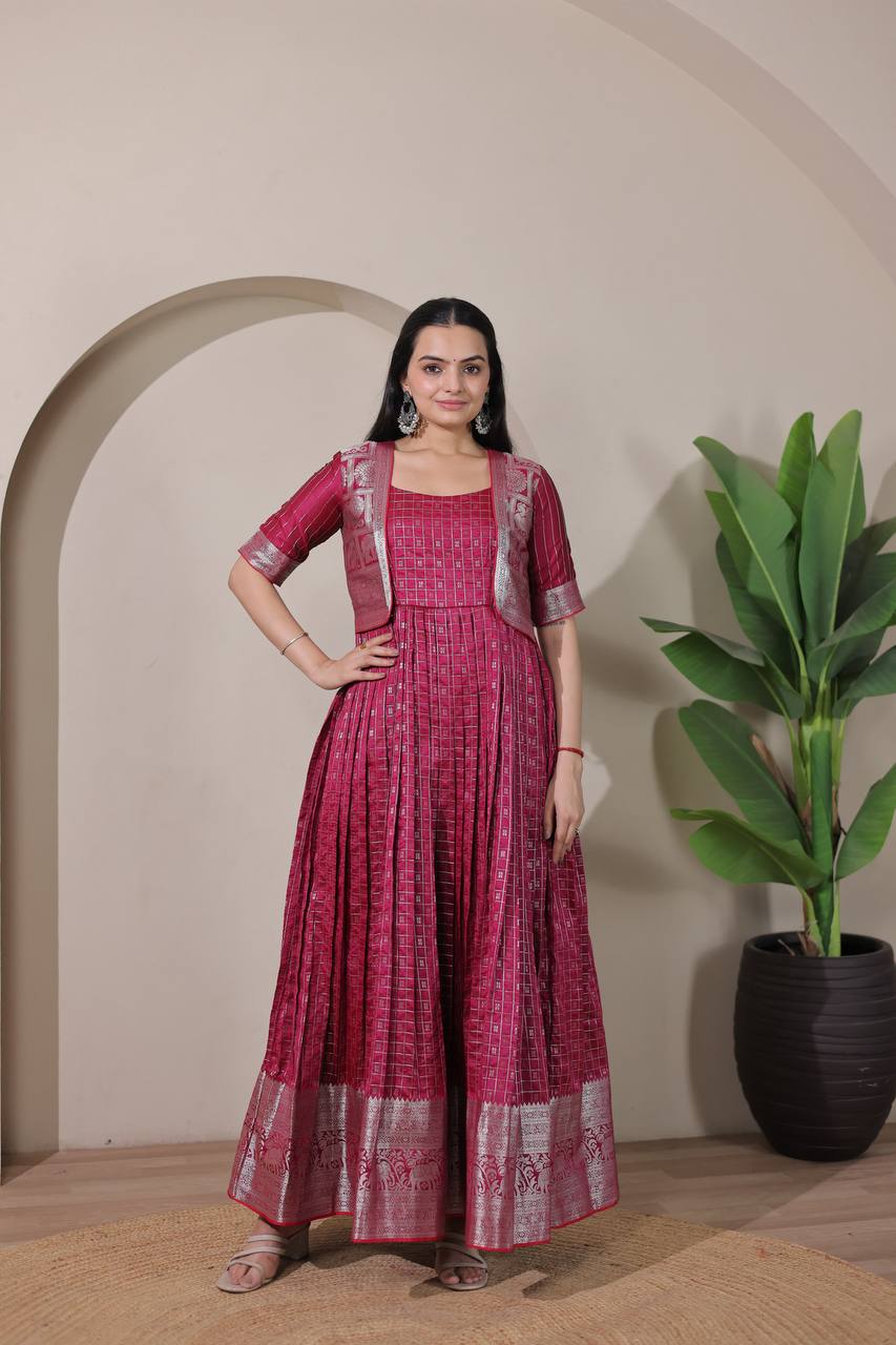 Elegant Zari Daaman & Jacket Look Weaving Soft Silk Gown
