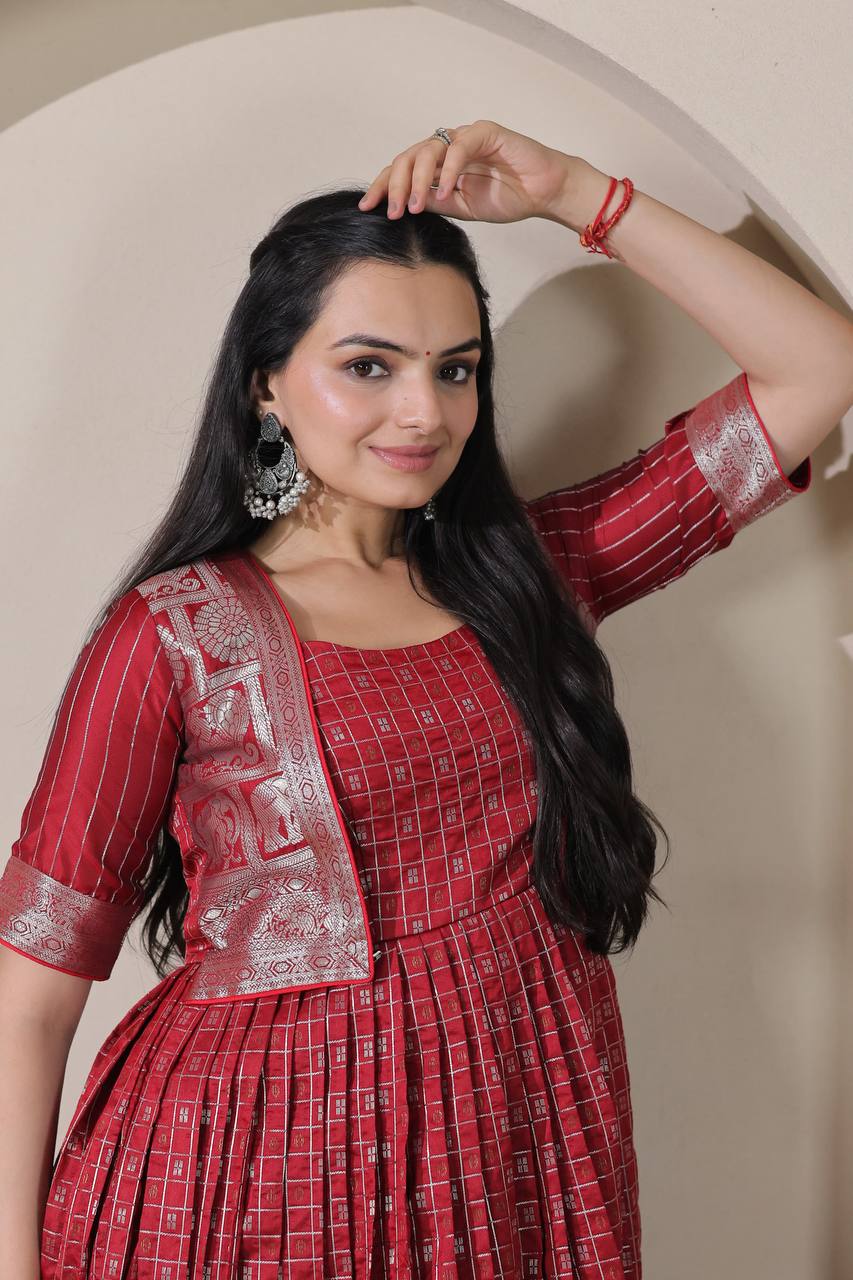 Elegant Zari Daaman & Jacket Look Weaving Soft Silk Gown