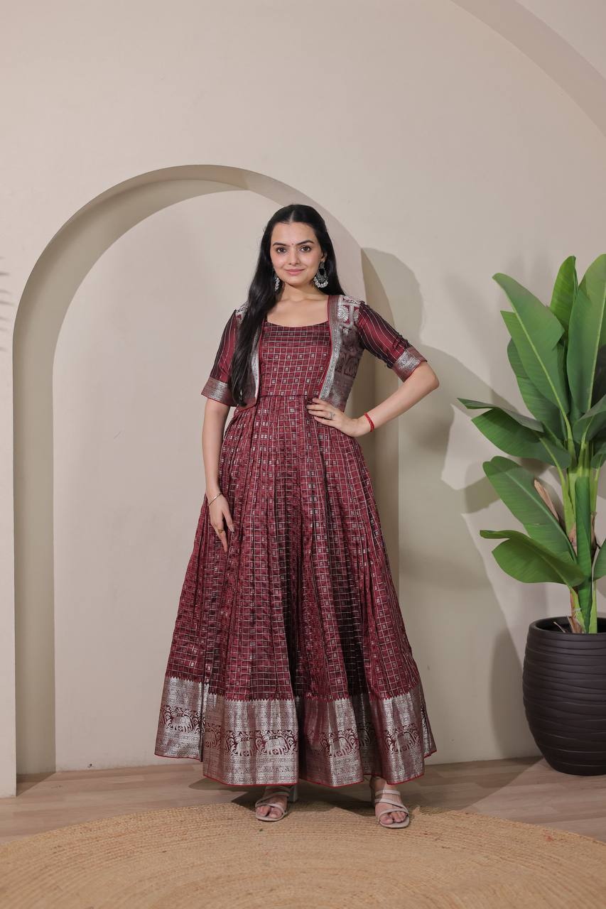 Elegant Zari Daaman & Jacket Look Weaving Soft Silk Gown