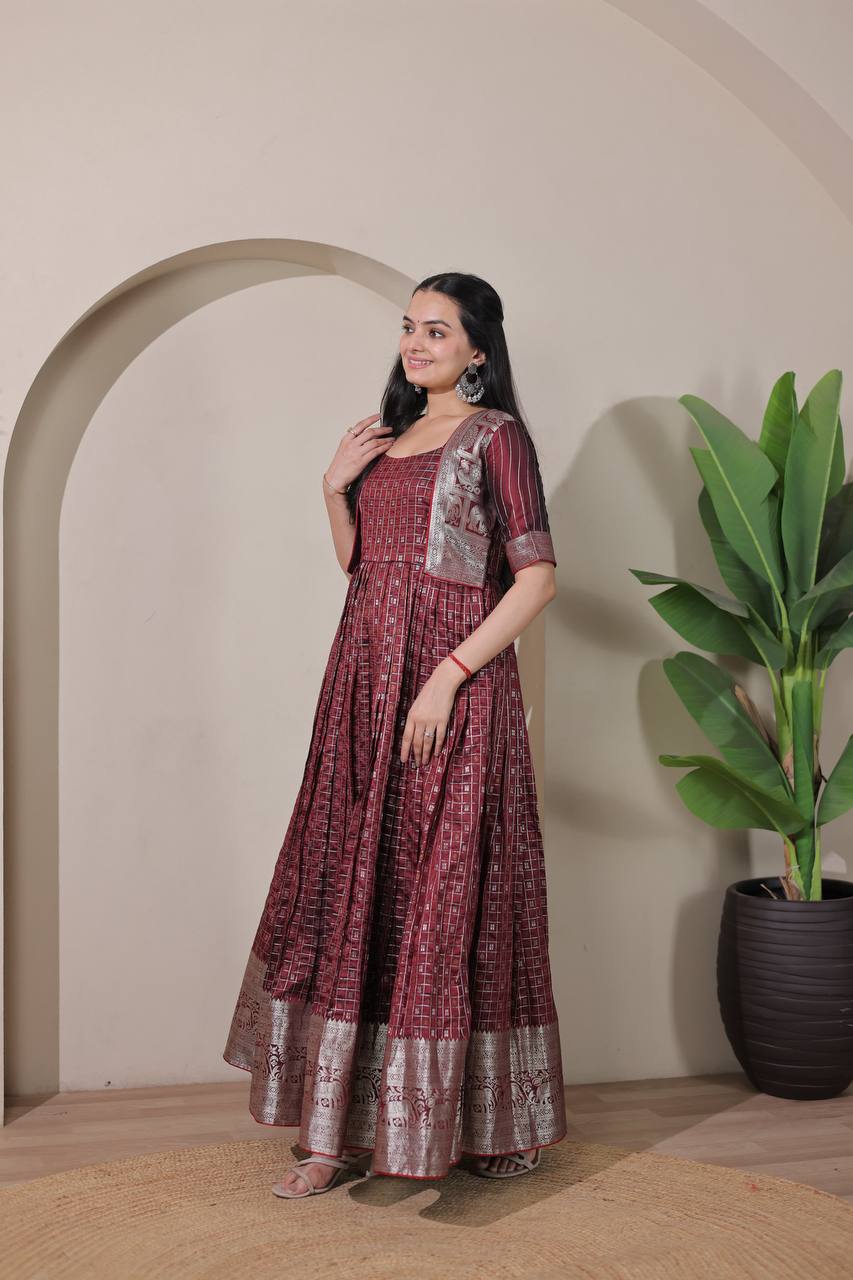 Elegant Zari Daaman & Jacket Look Weaving Soft Silk Gown