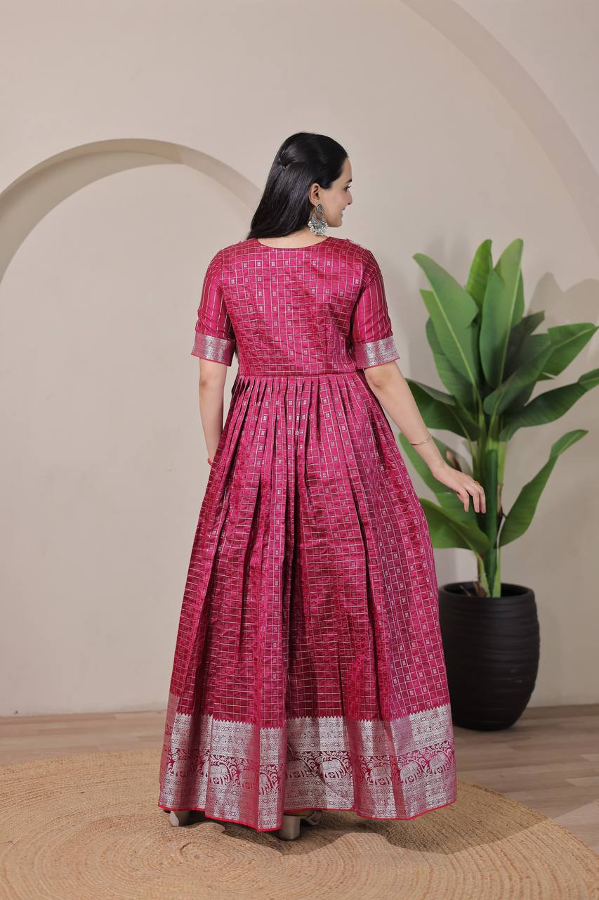 Elegant Zari Daaman & Jacket Look Weaving Soft Silk Gown