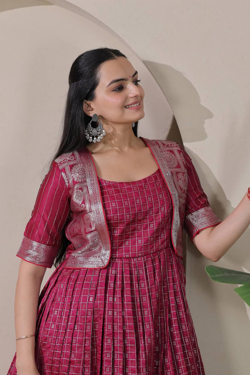 Elegant Zari Daaman & Jacket Look Weaving Soft Silk Gown