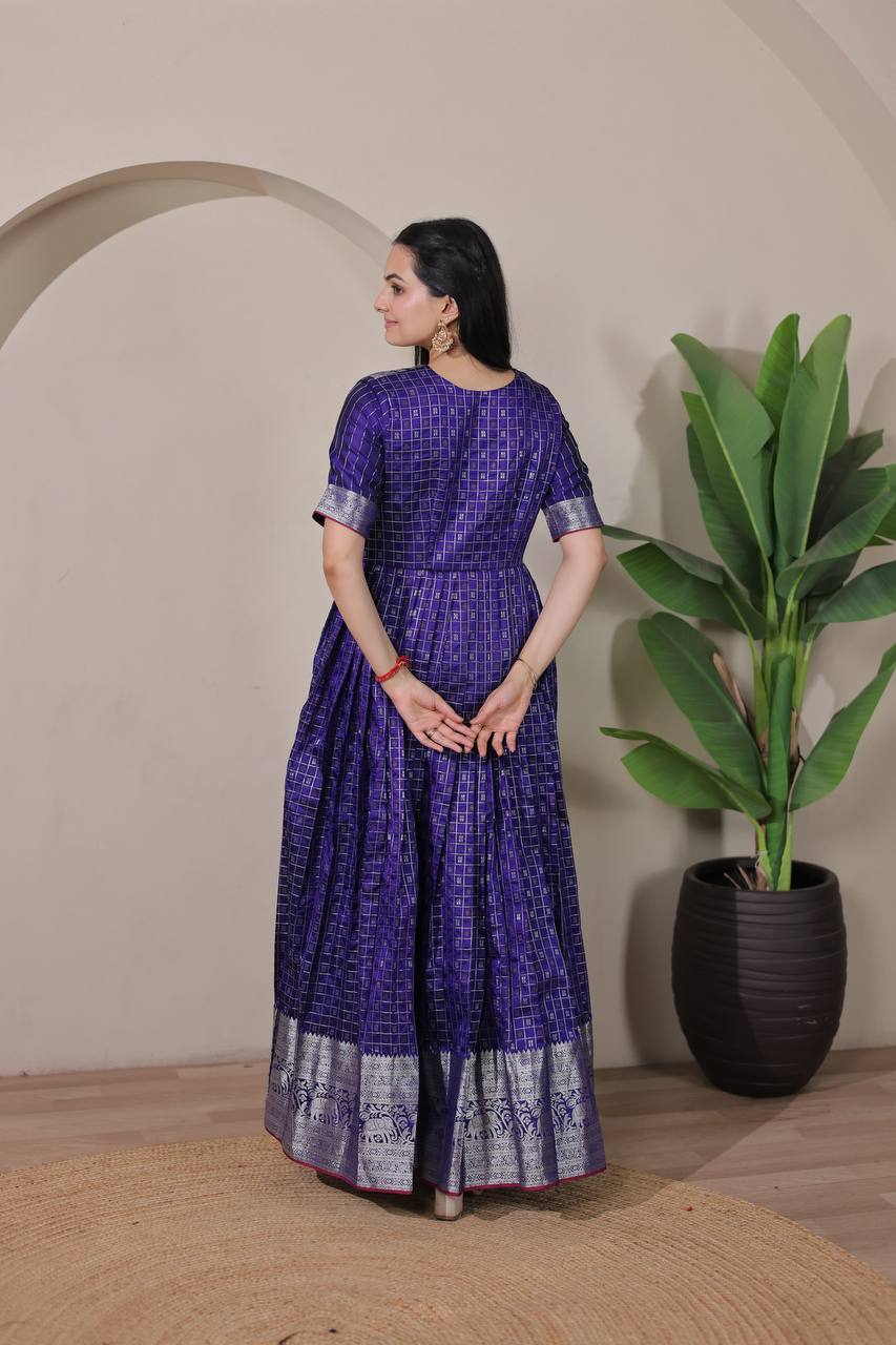 Elegant Zari Daaman & Jacket Look Weaving Soft Silk Gown