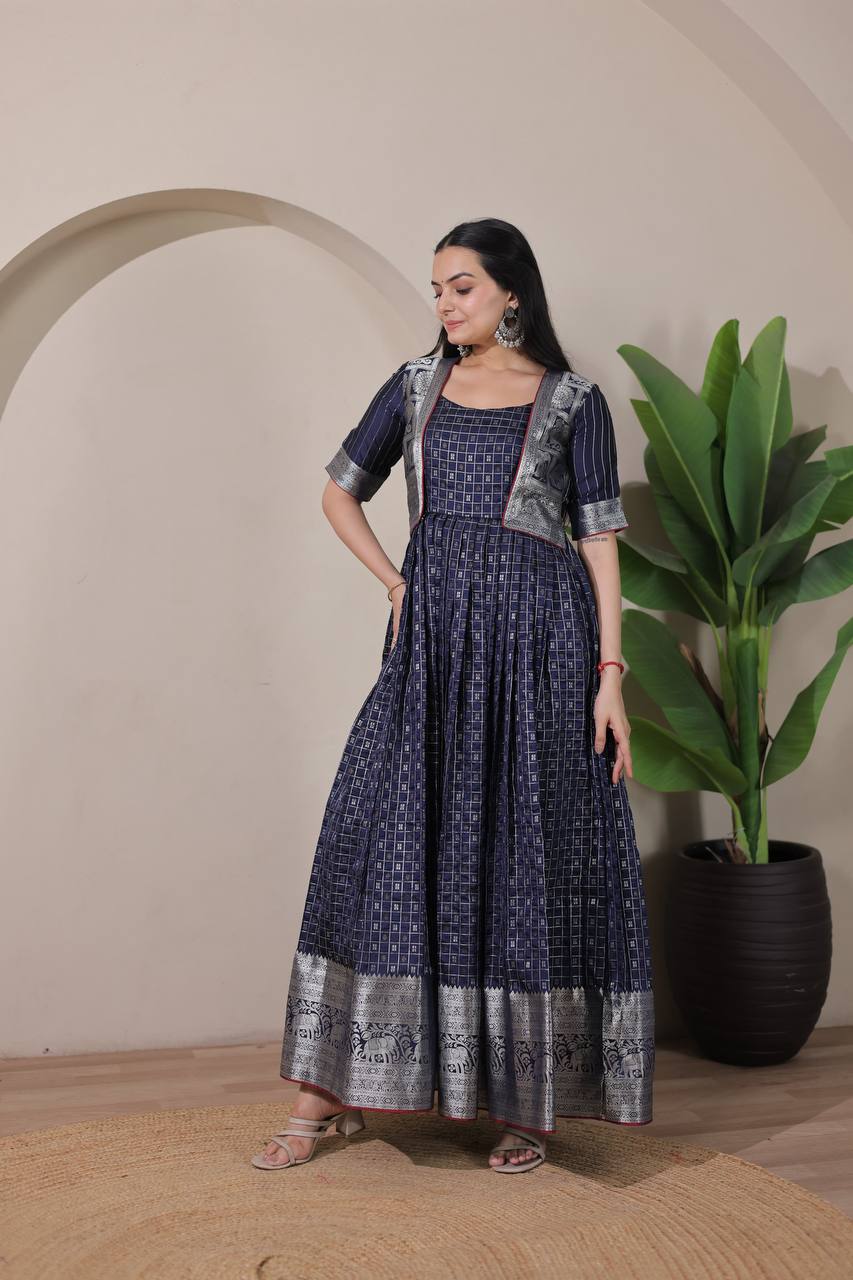 Elegant Zari Daaman & Jacket Look Weaving Soft Silk Gown