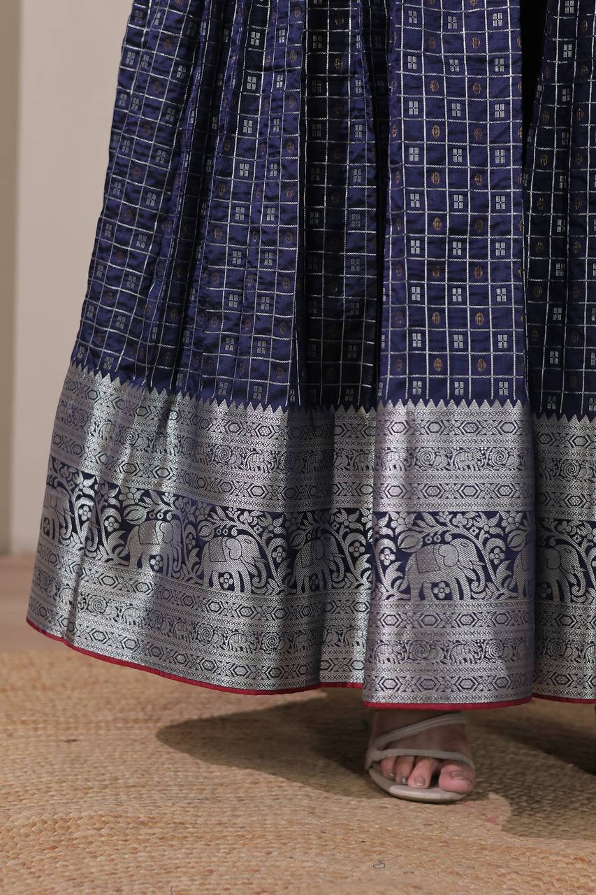 Elegant Zari Daaman & Jacket Look Weaving Soft Silk Gown