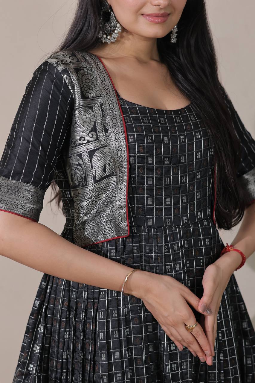 Elegant Zari Daaman & Jacket Look Weaving Soft Silk Gown