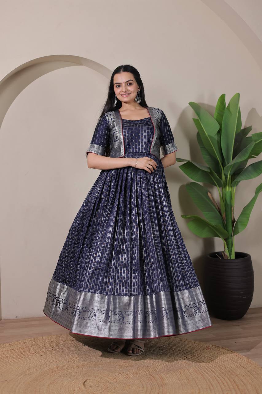 Elegant Zari Daaman & Jacket Look Weaving Soft Silk Gown