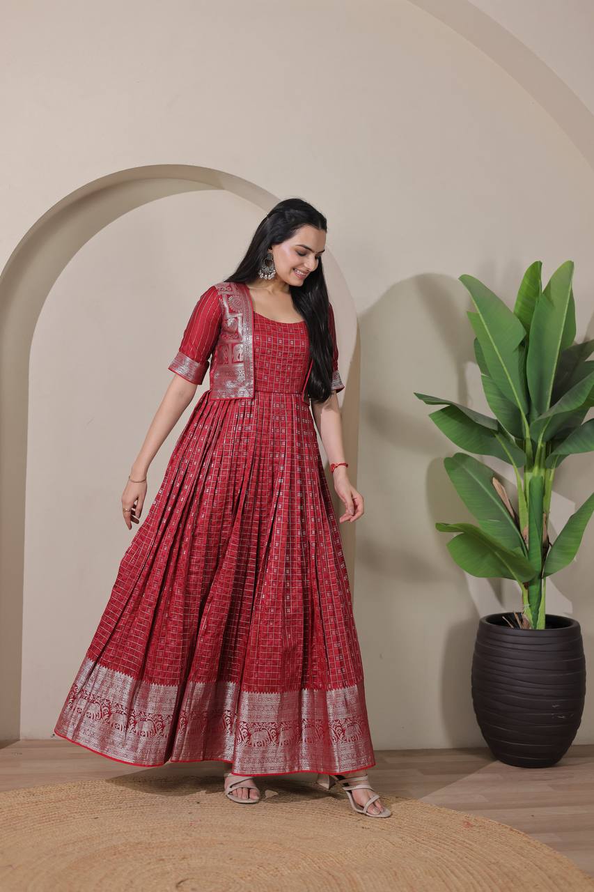 Elegant Zari Daaman & Jacket Look Weaving Soft Silk Gown