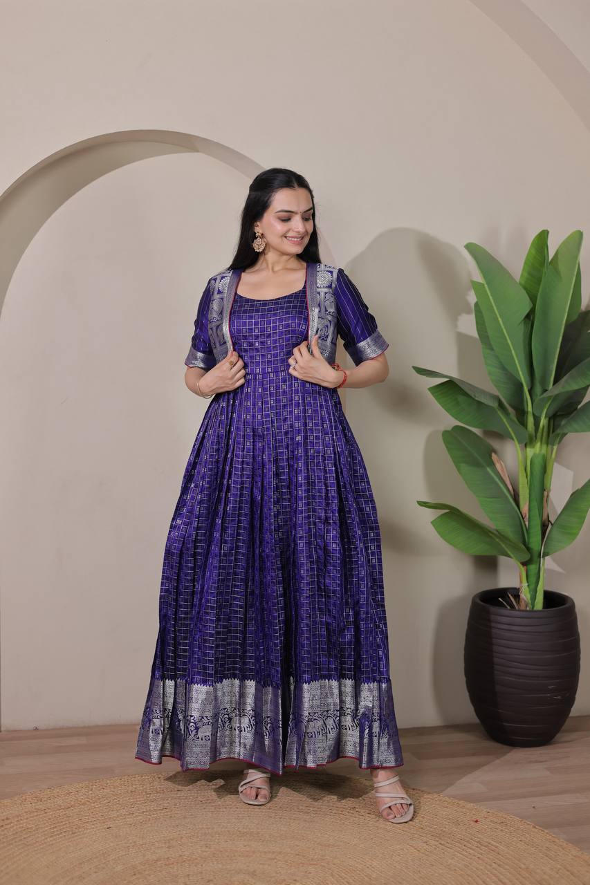 Elegant Zari Daaman & Jacket Look Weaving Soft Silk Gown