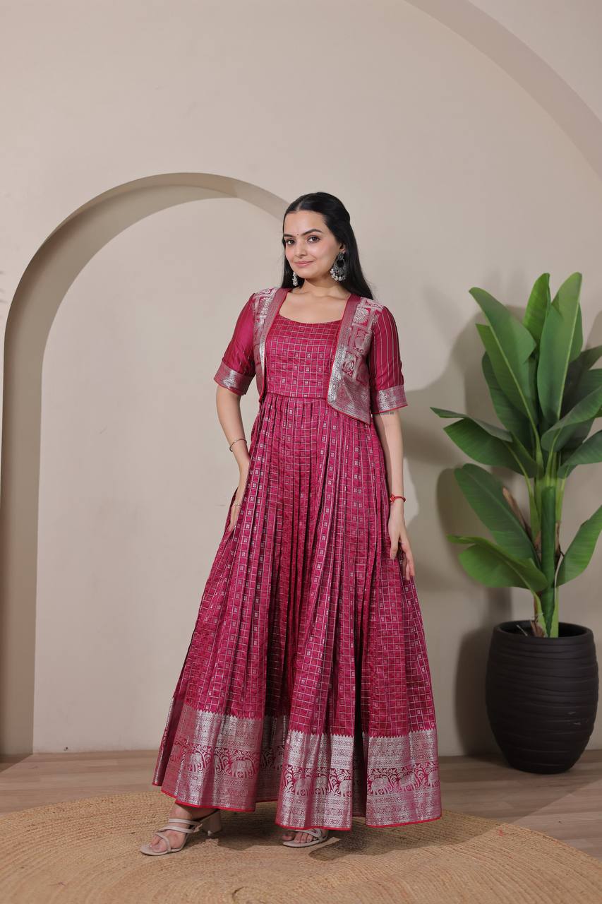 Elegant Zari Daaman & Jacket Look Weaving Soft Silk Gown