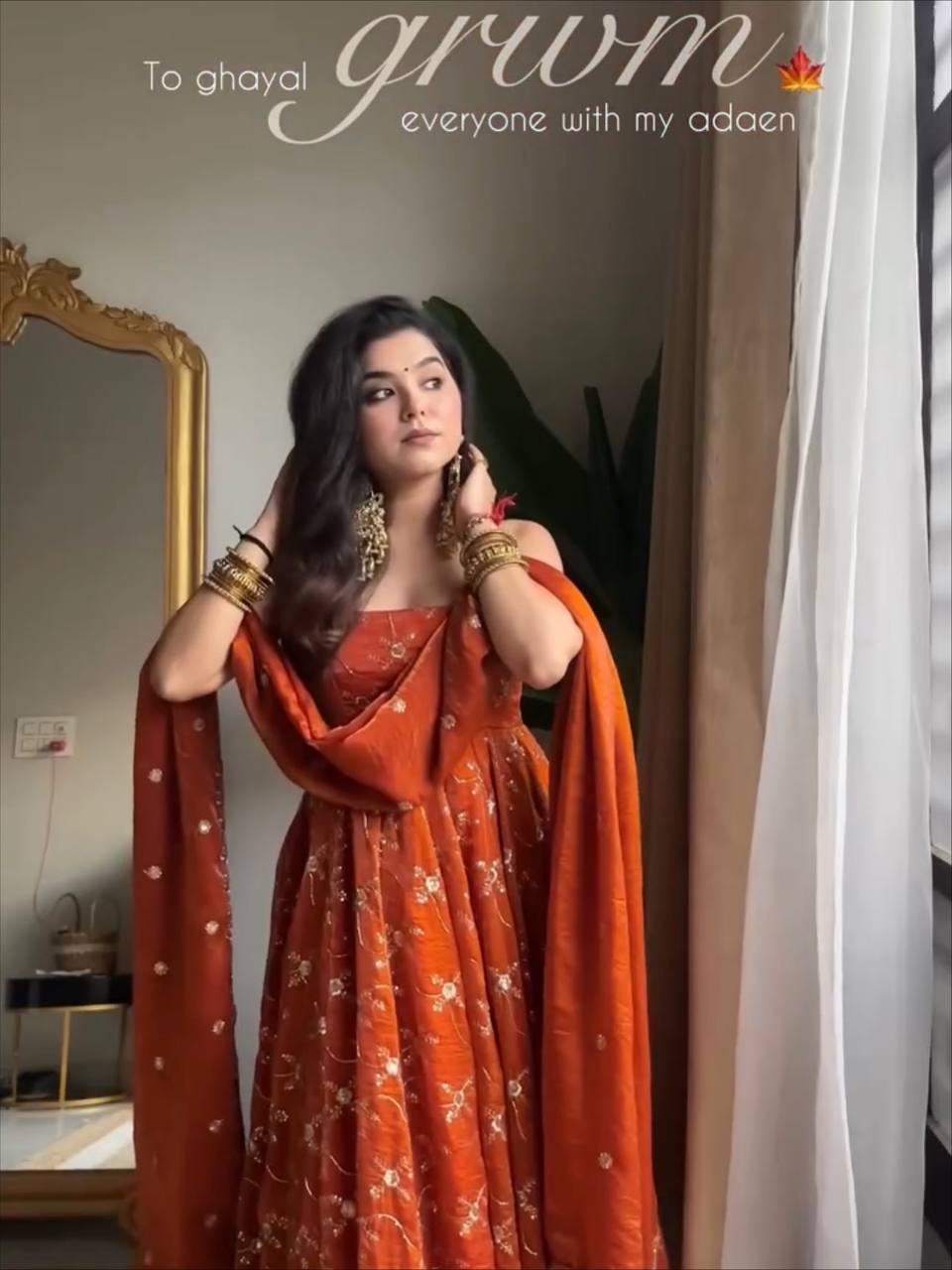 Premium Sequins Embroidery Work Kesriya NC Silk Anarkali Gown Suit Set