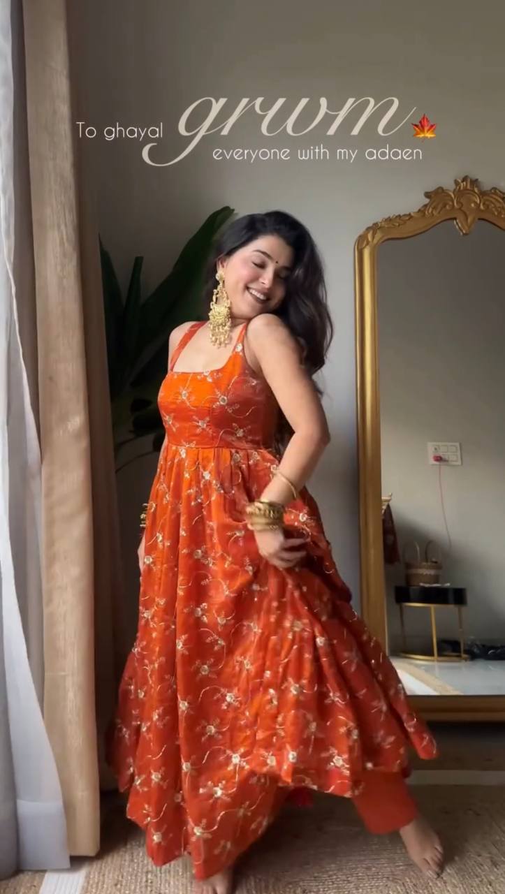 Premium Sequins Embroidery Work Kesriya NC Silk Anarkali Gown Suit Set