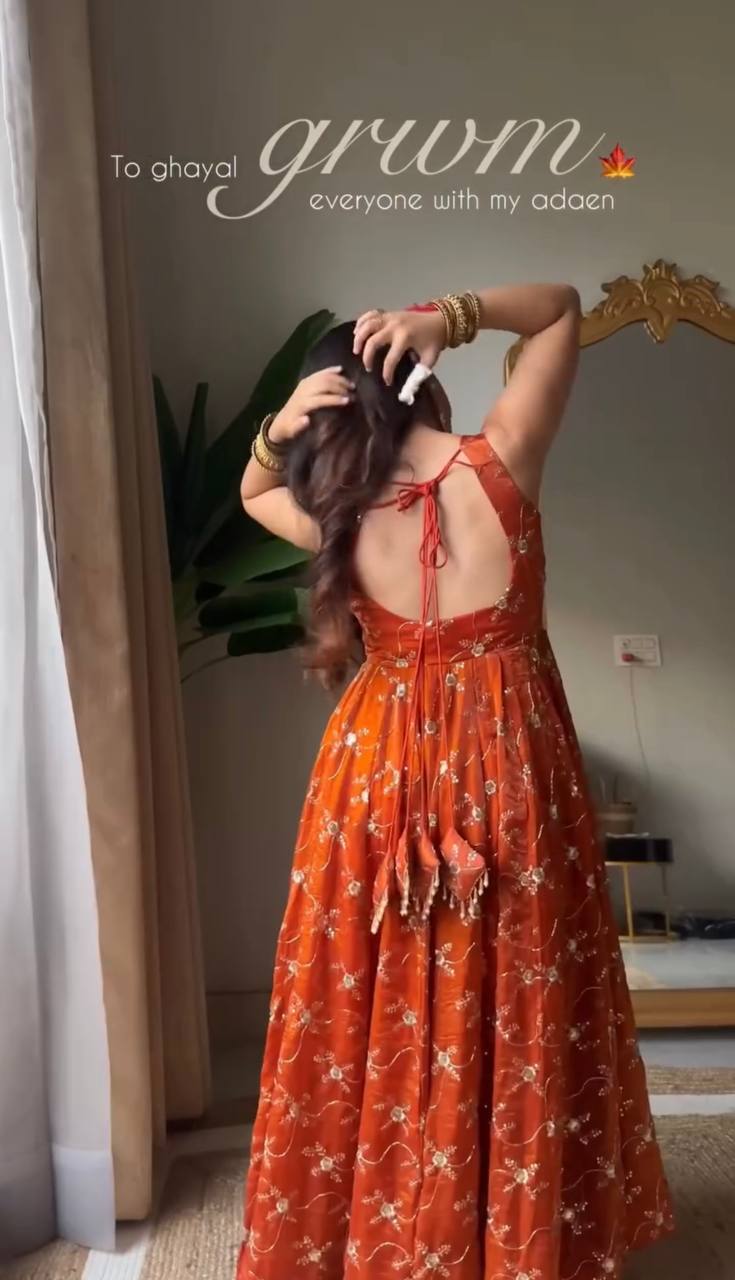 Premium Sequins Embroidery Work Kesriya NC Silk Anarkali Gown Suit Set