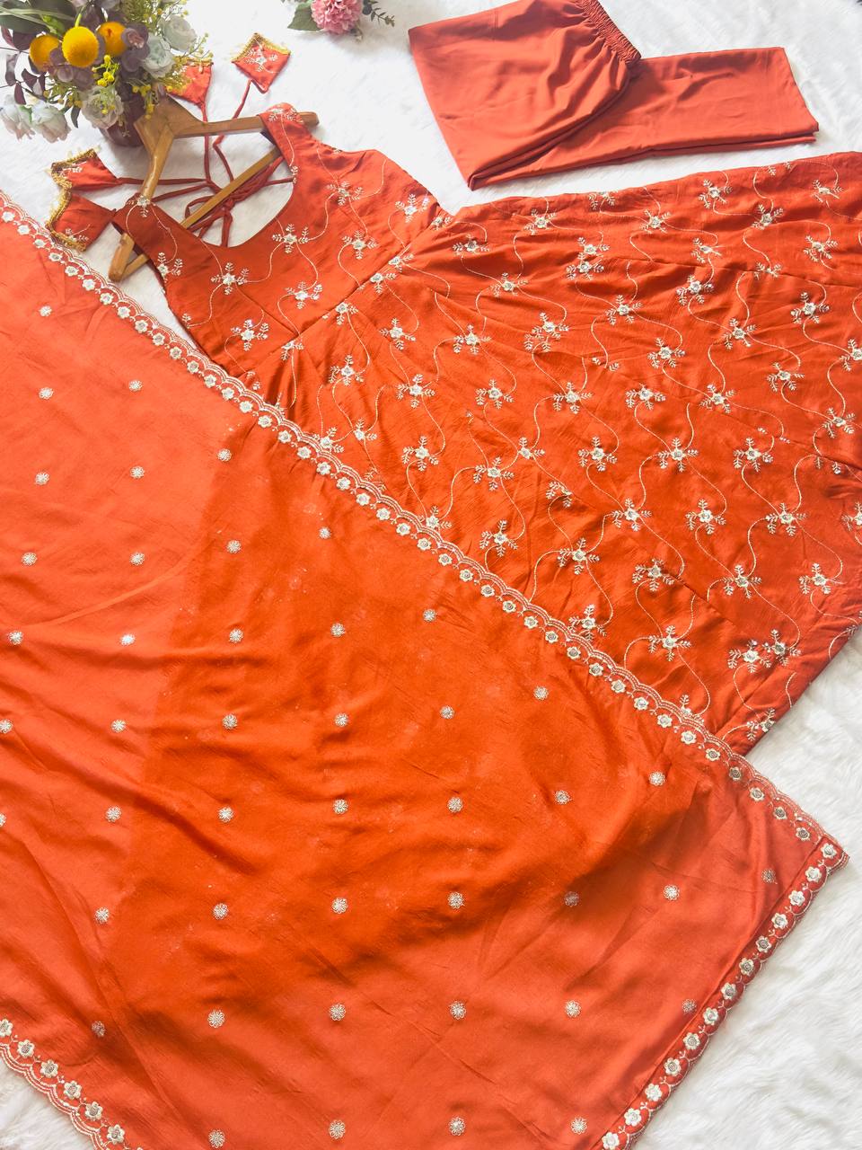 Premium Sequins Embroidery Work Kesriya NC Silk Anarkali Gown Suit Set