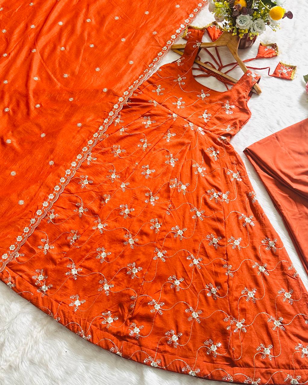 Premium Sequins Embroidery Work Kesriya NC Silk Anarkali Gown Suit Set