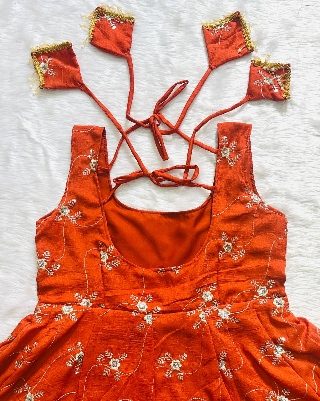 Premium Sequins Embroidery Work Kesriya NC Silk Anarkali Gown Suit Set