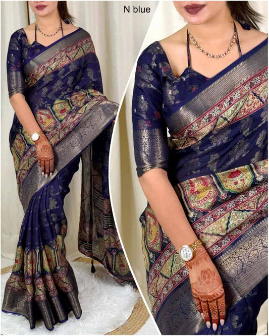 Designer Zari Jacquard Border Georgia Silk Rajwadi Print Saree with Blouse