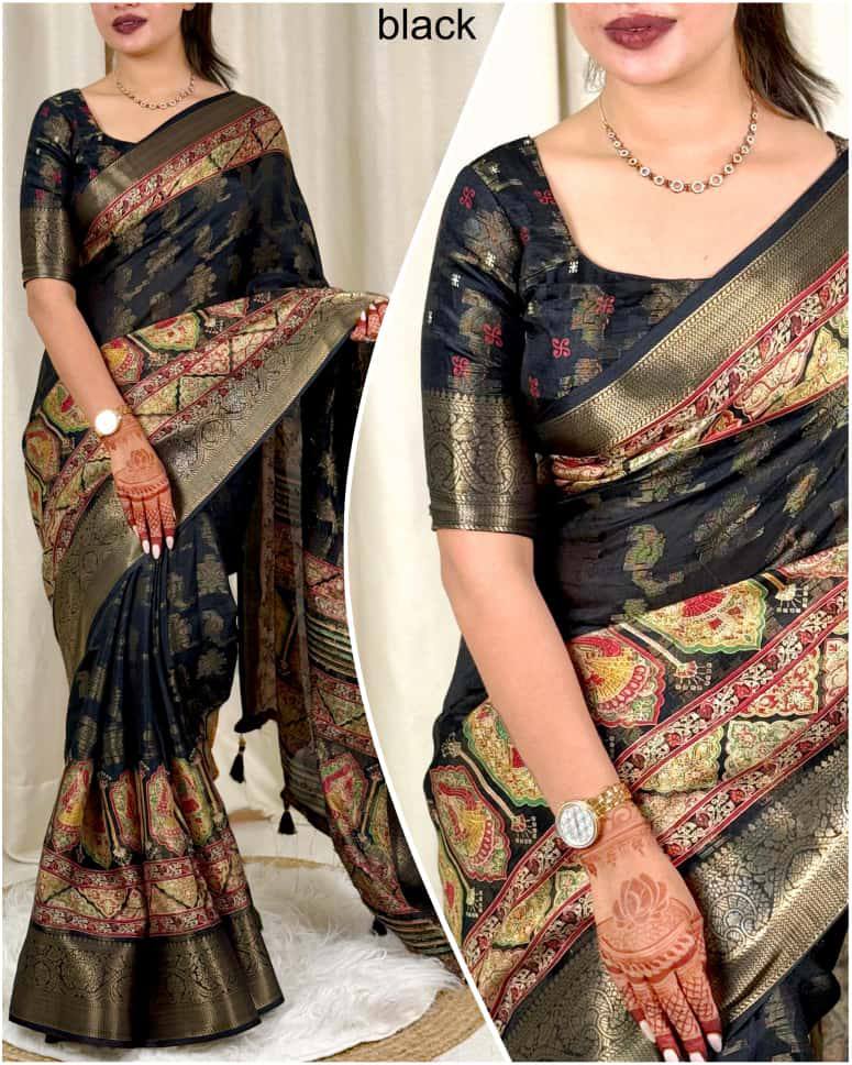 Designer Zari Jacquard Border Georgia Silk Rajwadi Print Saree with Blouse