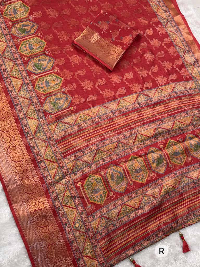 Designer Zari Jacquard Border Georgia Silk Rajwadi Print Saree with Blouse