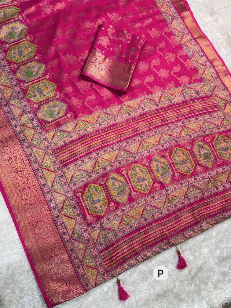 Designer Zari Jacquard Border Georgia Silk Rajwadi Print Saree with Blouse