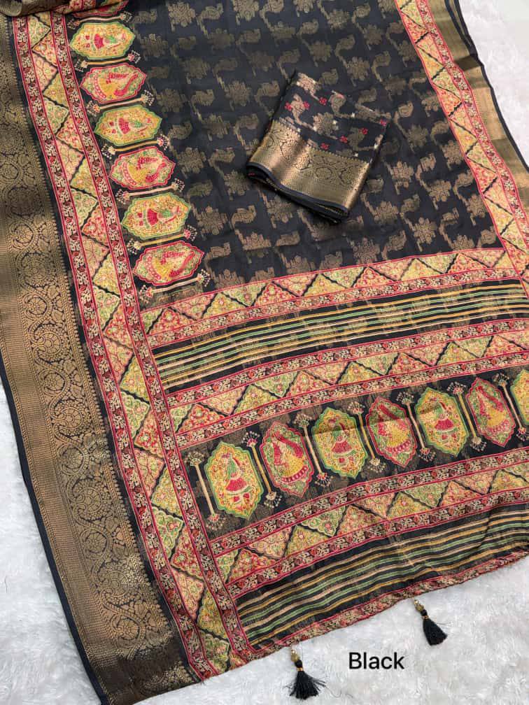 Designer Zari Jacquard Border Georgia Silk Rajwadi Print Saree with Blouse