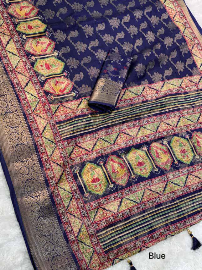 Designer Zari Jacquard Border Georgia Silk Rajwadi Print Saree with Blouse