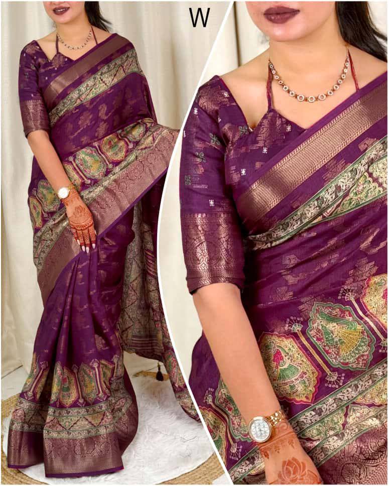 Designer Zari Jacquard Border Georgia Silk Rajwadi Print Saree with Blouse