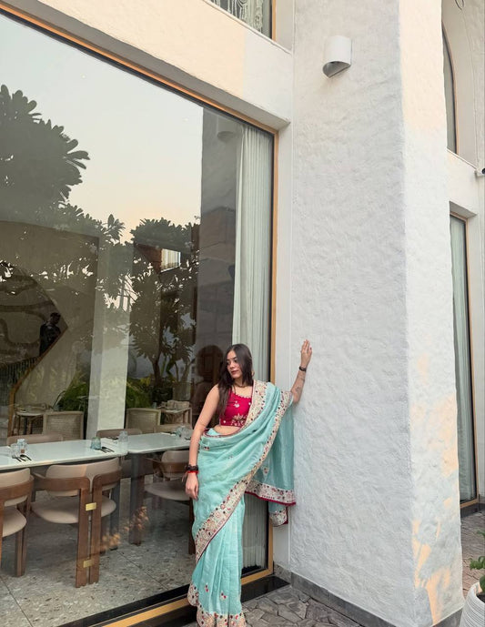 Elegant C Pallu & Cording Sequence Work Gold Crush Saree with Satin Banglory Embroidered Blouse