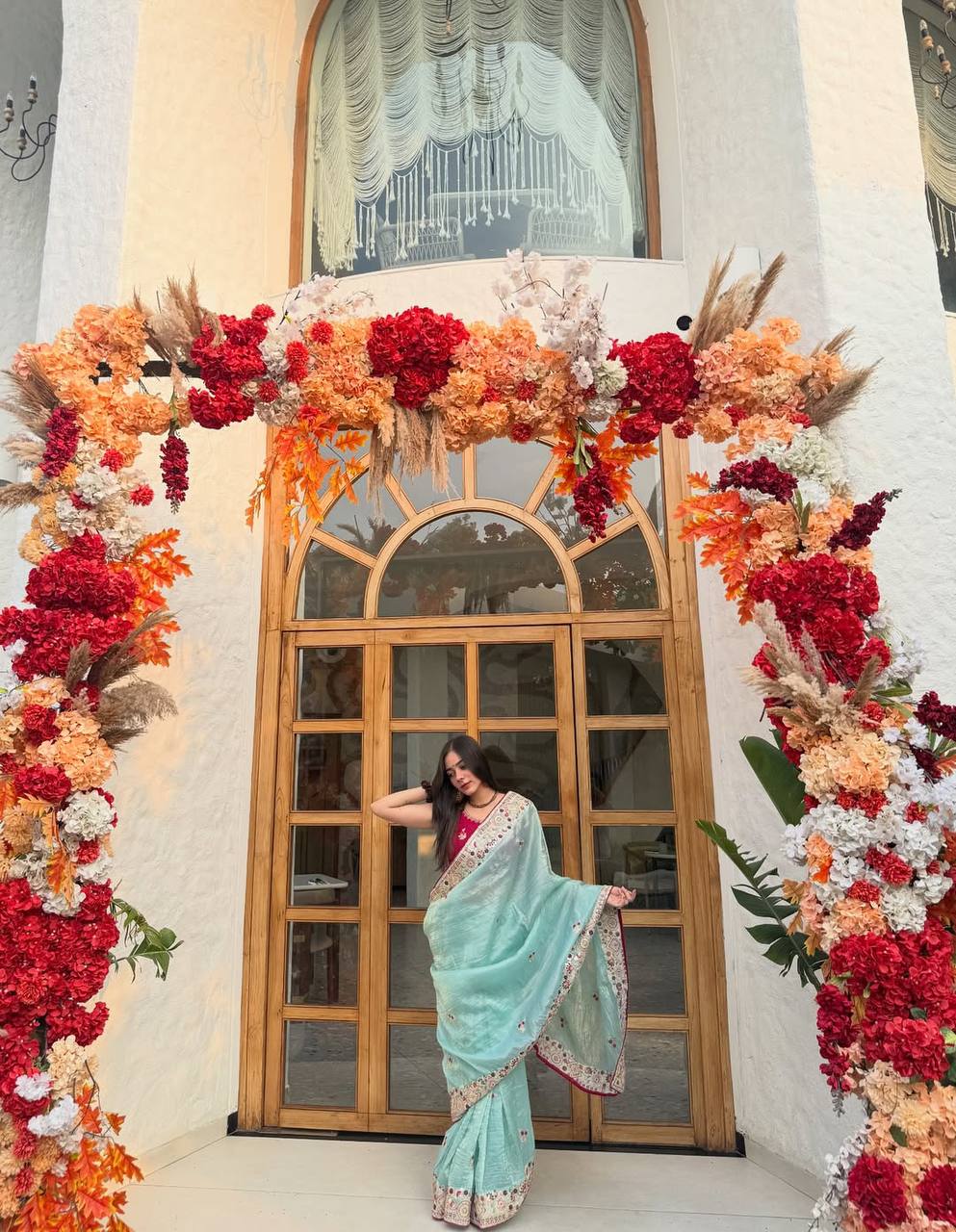 Elegant C Pallu & Cording Sequence Work Gold Crush Saree with Satin Banglory Embroidered Blouse