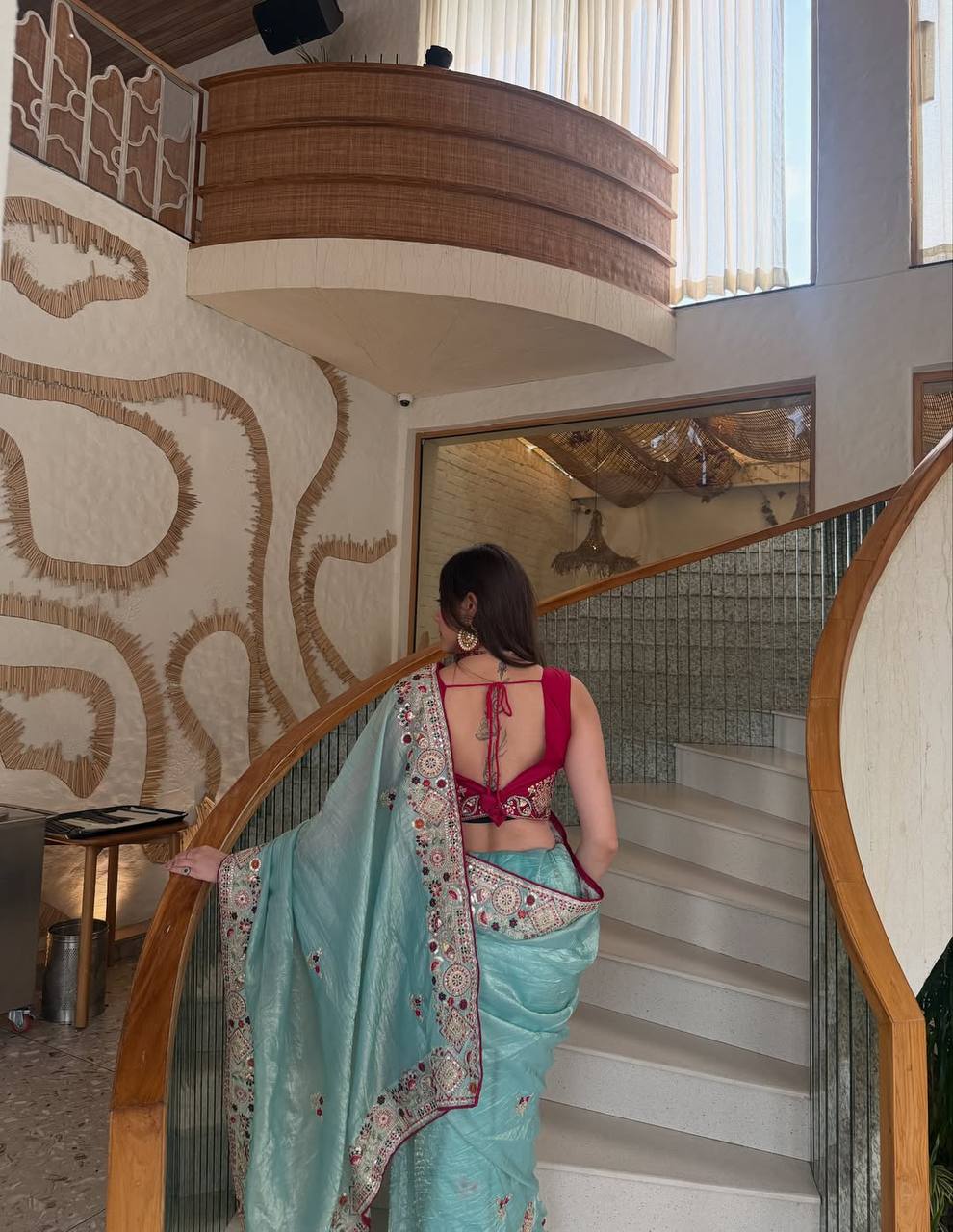 Elegant C Pallu & Cording Sequence Work Gold Crush Saree with Satin Banglory Embroidered Blouse