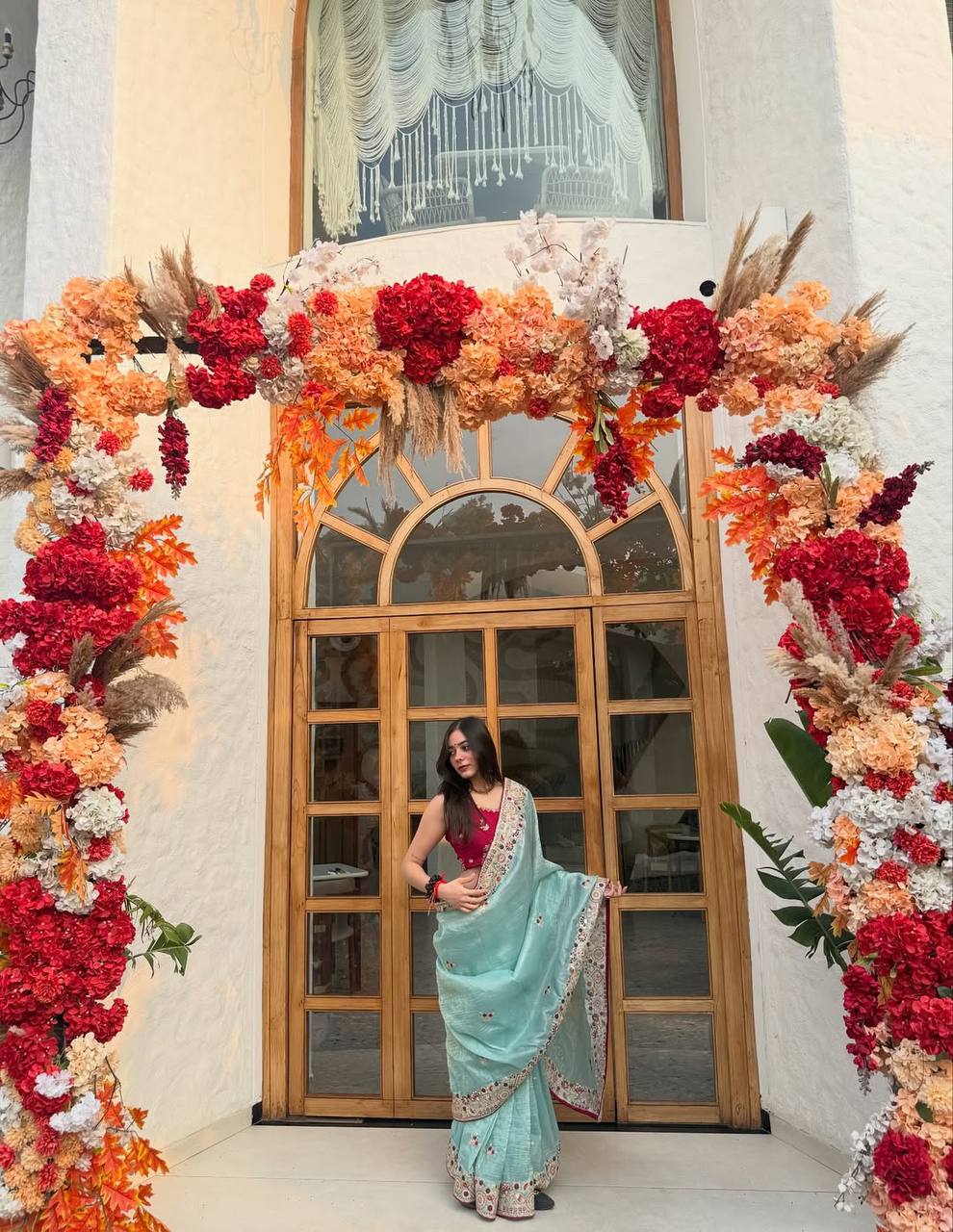 Elegant C Pallu & Cording Sequence Work Gold Crush Saree with Satin Banglory Embroidered Blouse