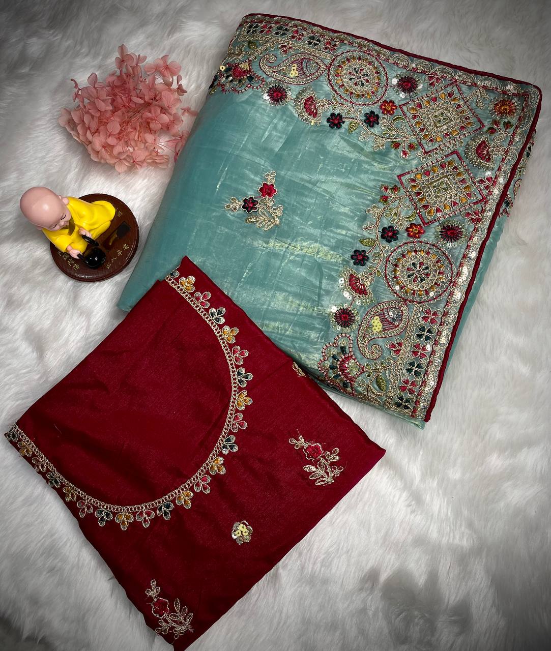 Elegant C Pallu & Cording Sequence Work Gold Crush Saree with Satin Banglory Embroidered Blouse