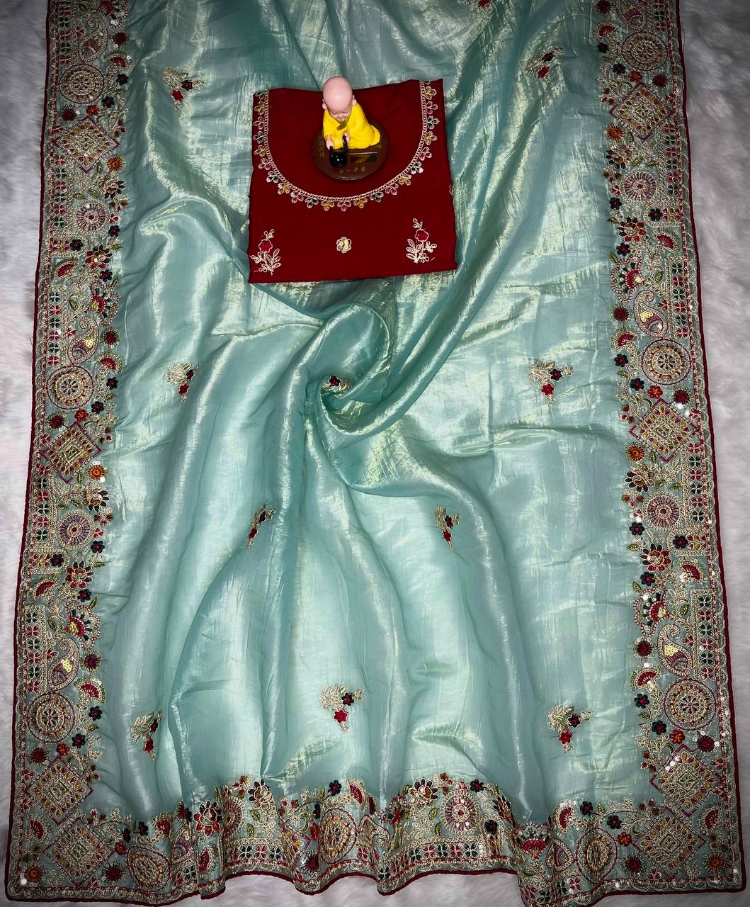 Elegant C Pallu & Cording Sequence Work Gold Crush Saree with Satin Banglory Embroidered Blouse