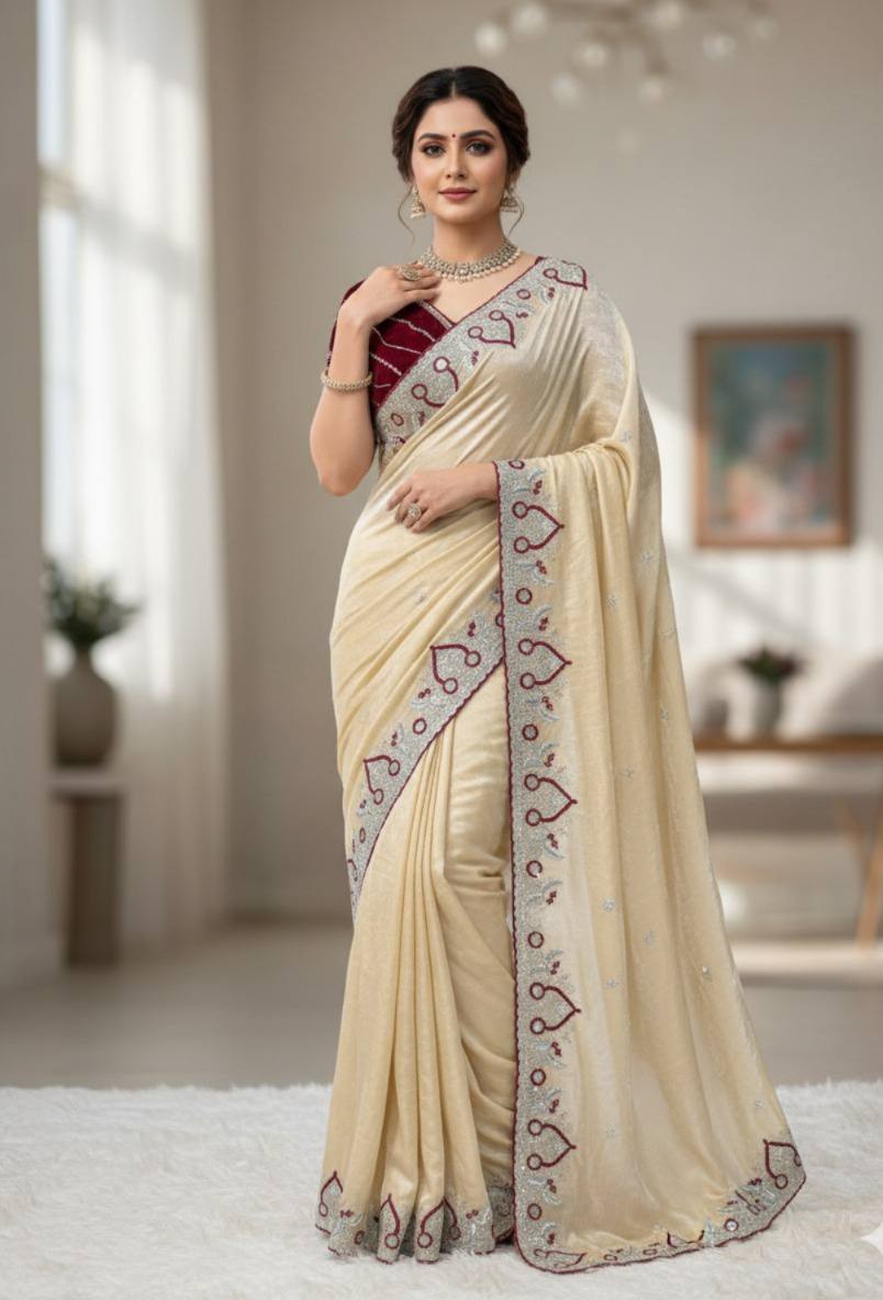 C Pallu Multi Thread & Cut Work Border Soft Space Silk Saree with Embroidered Satin Banglory Blouse