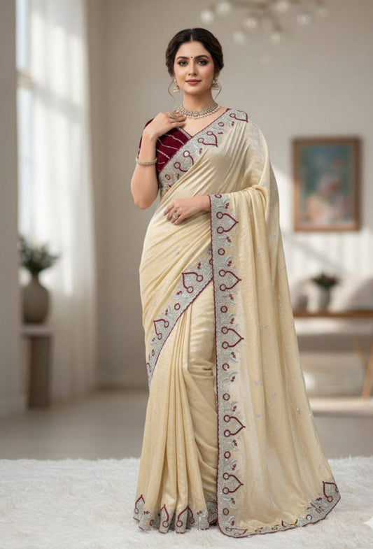 C Pallu Multi Thread & Cut Work Border Soft Space Silk Saree with Embroidered Satin Banglory Blouse