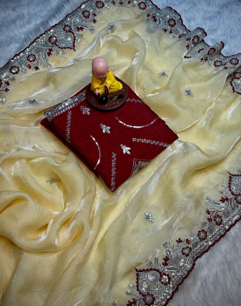 C Pallu Multi Thread & Cut Work Border Soft Space Silk Saree with Embroidered Satin Banglory Blouse