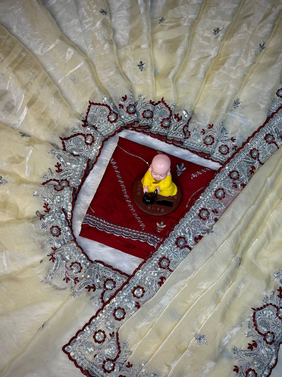 C Pallu Multi Thread & Cut Work Border Soft Space Silk Saree with Embroidered Satin Banglory Blouse