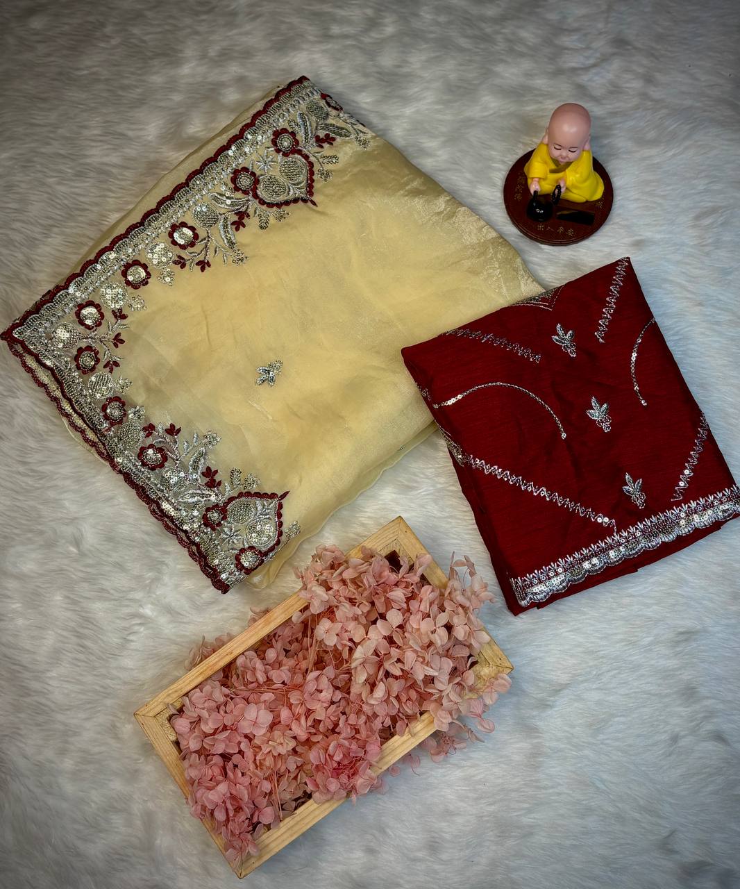 C Pallu Multi Thread & Cut Work Border Soft Space Silk Saree with Embroidered Satin Banglory Blouse