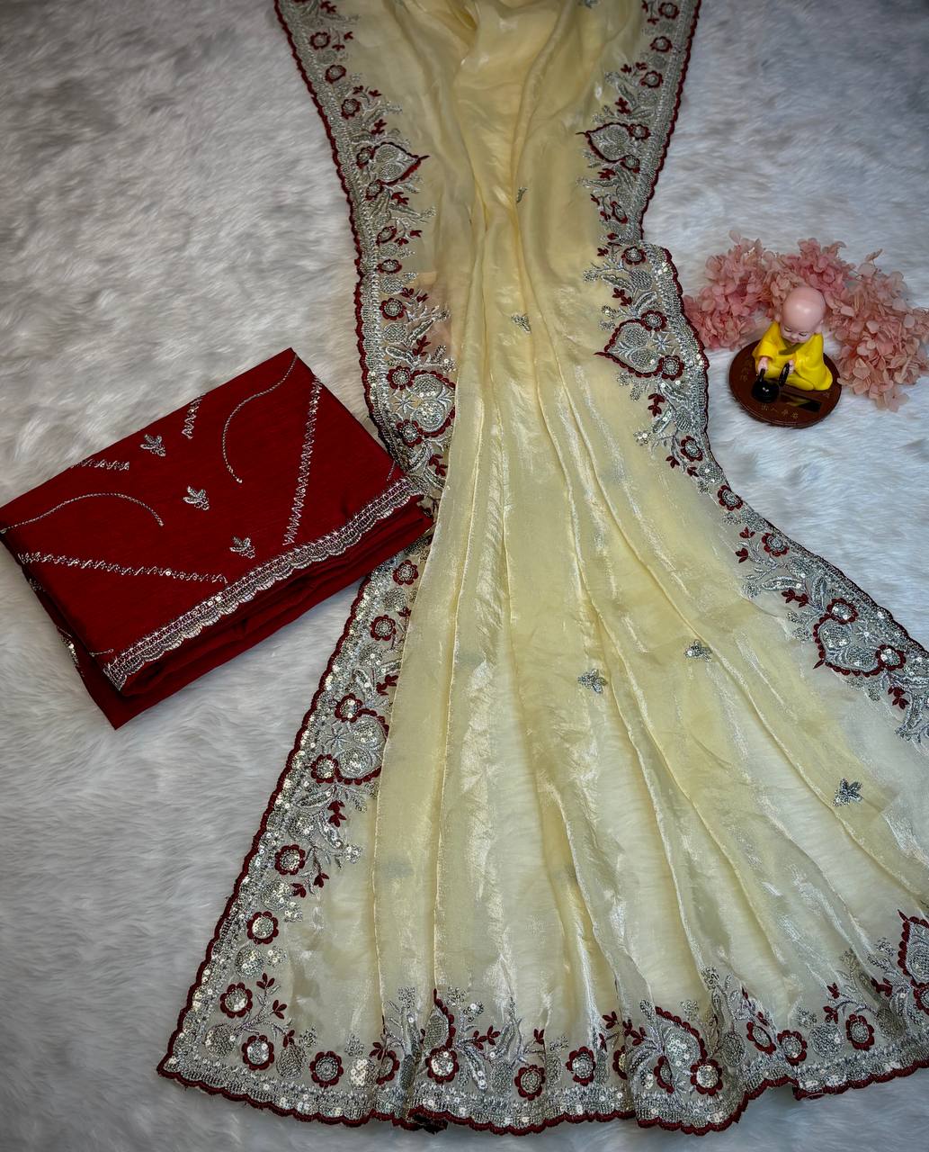 C Pallu Multi Thread & Cut Work Border Soft Space Silk Saree with Embroidered Satin Banglory Blouse