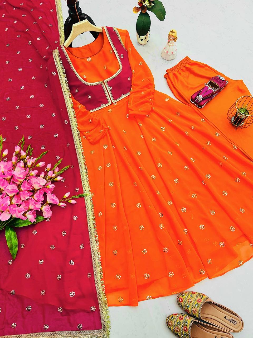 ✨ Designer Embroidery Sequins Work Party Wear 4-Piece Anarkali Faux Georgette Gown Set