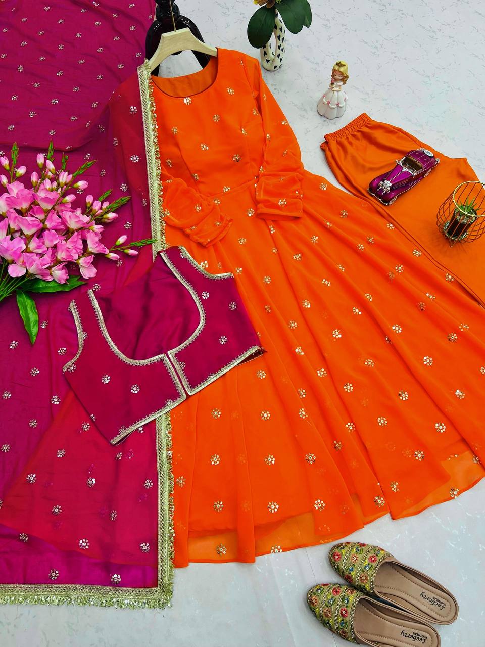 ✨ Designer Embroidery Sequins Work Party Wear 4-Piece Anarkali Faux Georgette Gown Set