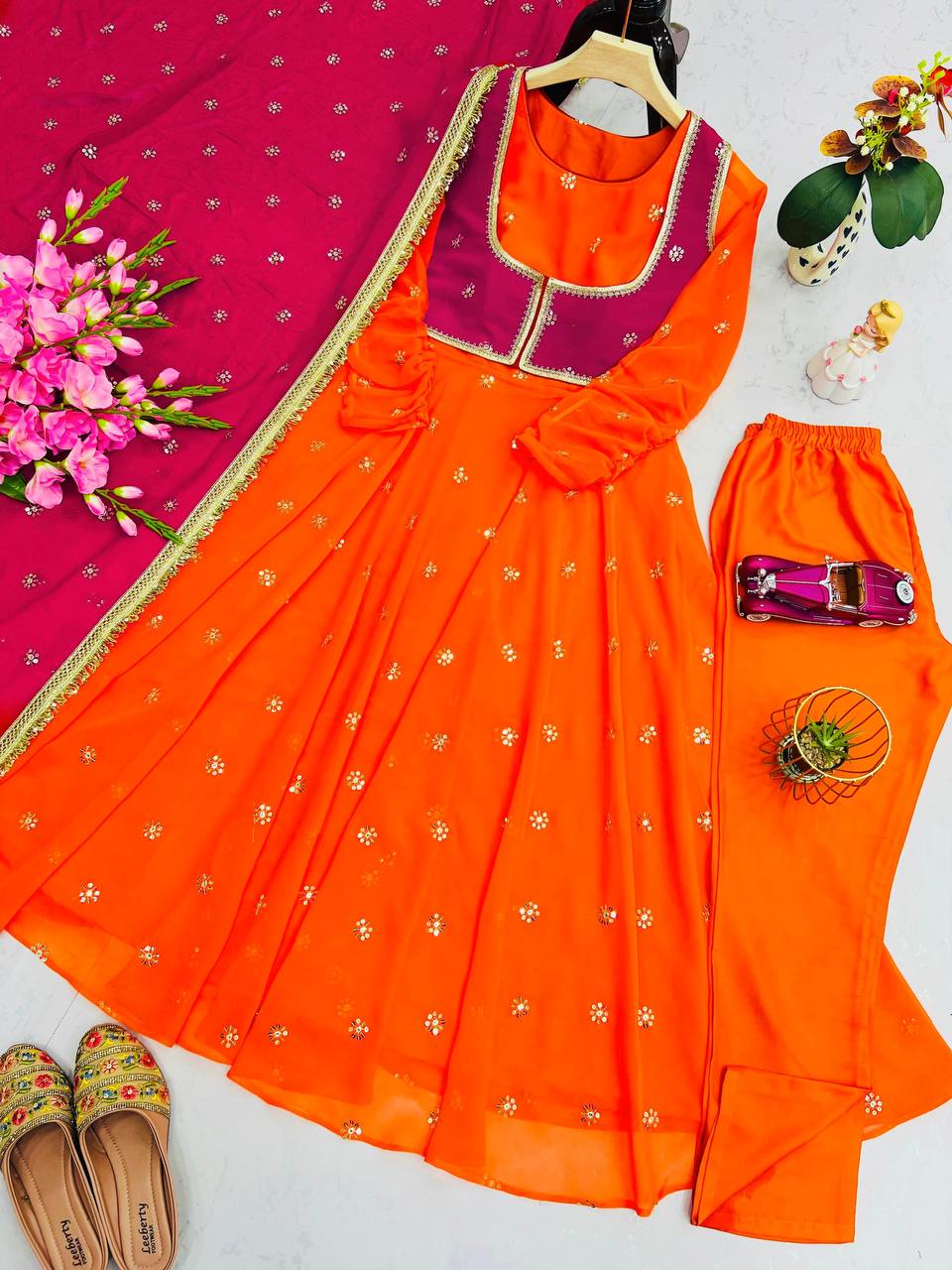 ✨ Designer Embroidery Sequins Work Party Wear 4-Piece Anarkali Faux Georgette Gown Set