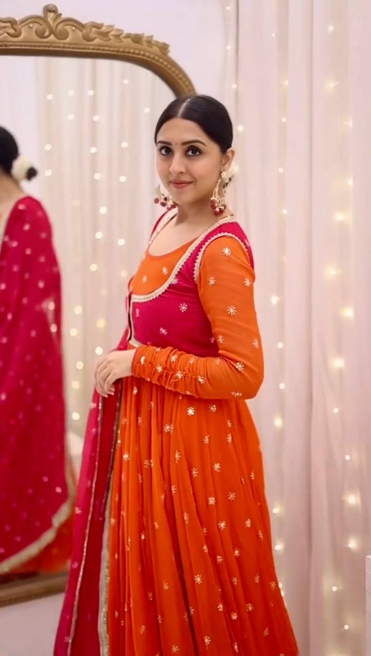 ✨ Designer Embroidery Sequins Work Party Wear 4-Piece Anarkali Faux Georgette Gown Set