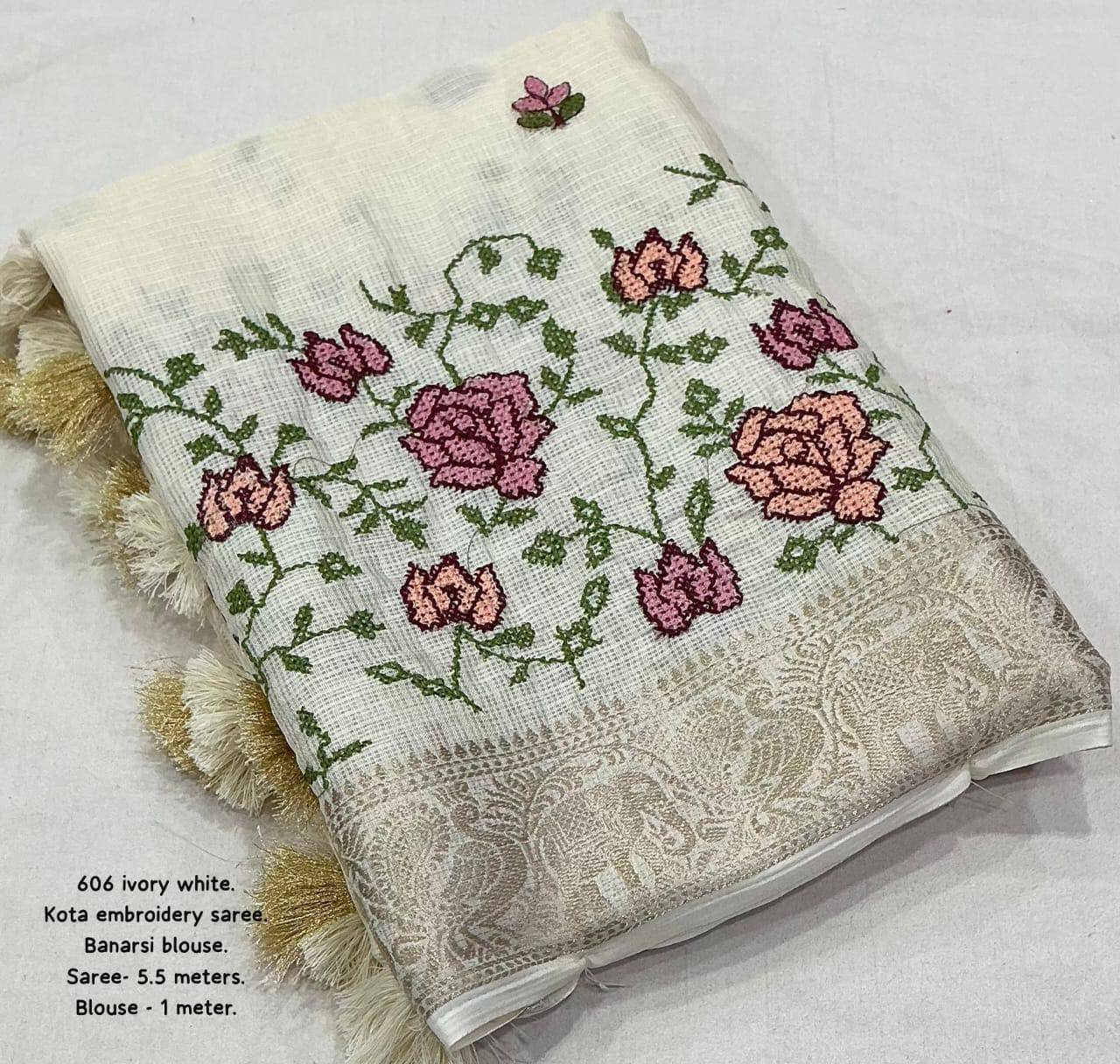 Zari Woven Pattu Border Fancy Kota Embroidery Work Saree with Blouse