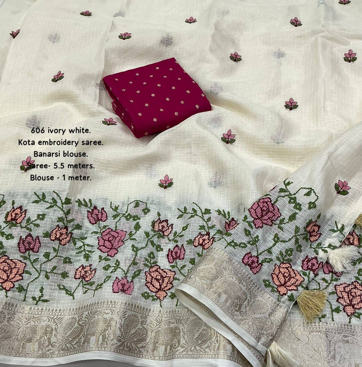 Zari Woven Pattu Border Fancy Kota Embroidery Work Saree with Blouse